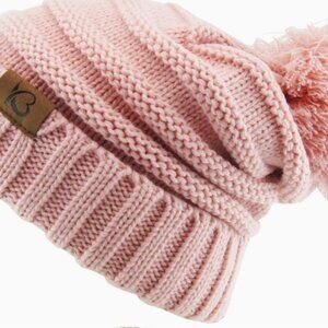 Chunk Pom Pom Cable Knit Ribbed Beanie